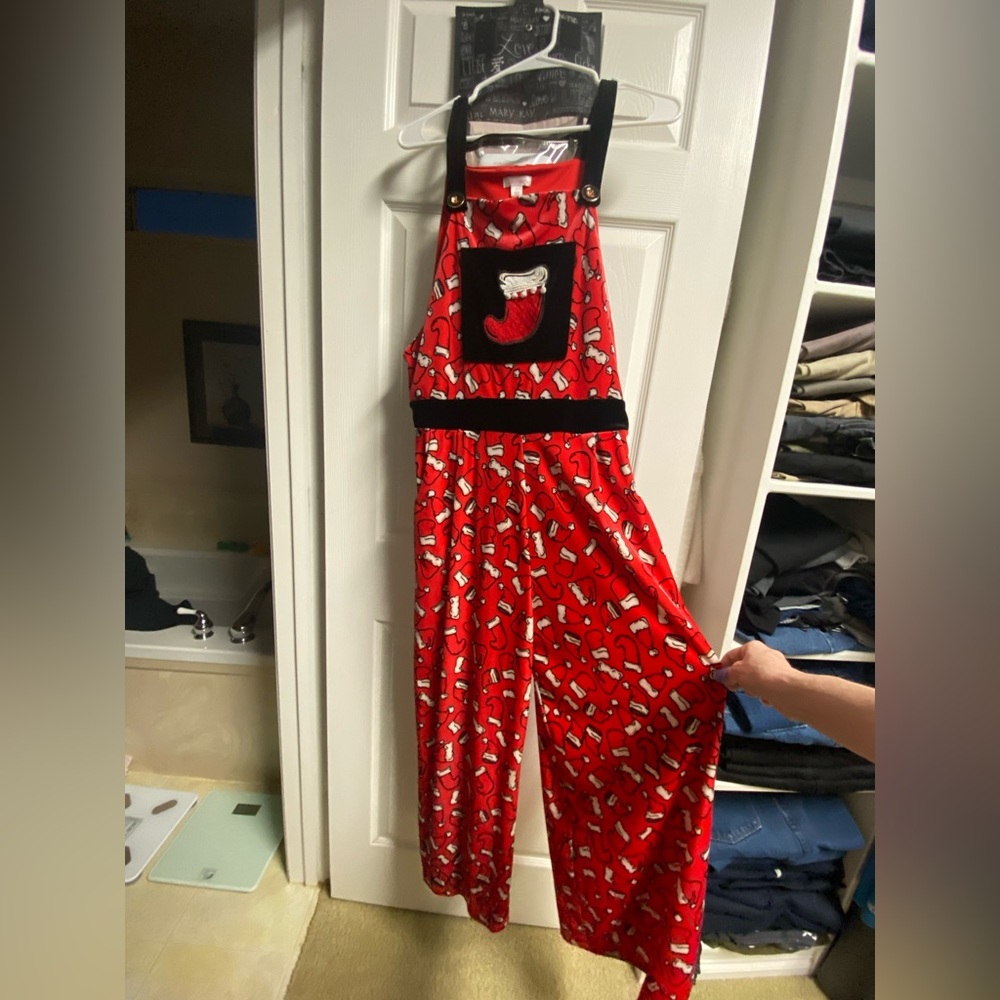 Xhilaration Holiday Christmas Red Stocking Thin Velour Overalls XL